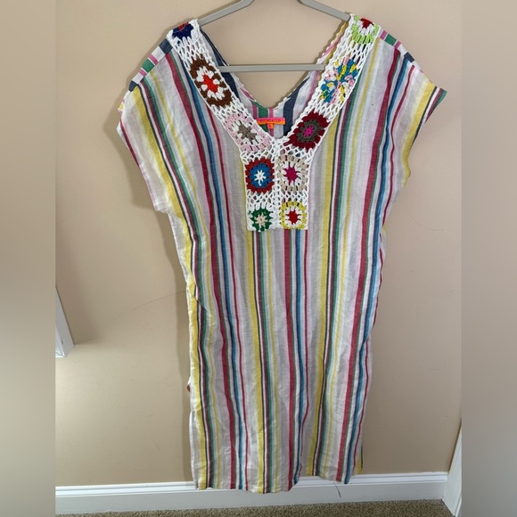 Vilagallo cover up Rainbow Linen cotton blend crochet kaftan beach size L - Picture 2 of 8